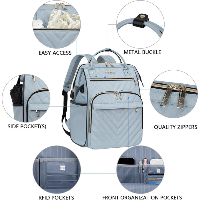 Рюкзак для ноутбука Vankean для жінок 15.6-16.2 дюймів з USB-портом, водонепроникний, для роботи/школи/подорожей, квітковий дизайн (стьобаний, світло-блакитний)