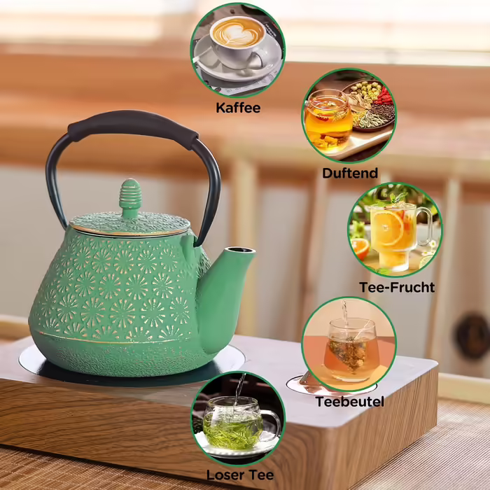 Cast Iron Teapot, 950ml Japanese Cherry Blossom Pattern Teakettle, Stovetop Safe, Infuser for Loose Tea & Coffee, Silicone Handle, Enamelled Interior, 32oz Blue (Light Green)