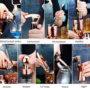 Набір шейкерів для коктейлів Velaze, 10 предметів, нержавіюча сталь, рожеве золото, професійний барний набір для дому, бару та вечірок