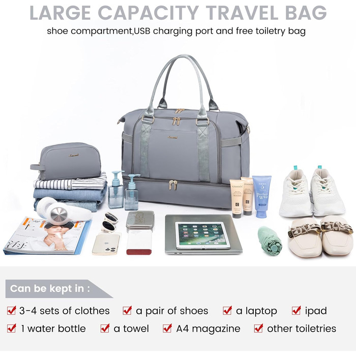 Спортивна сумка LOVEVOOK для подорожей, жіноча дорожня сумка-мішок, Weekender з косметичкою, відділенням для взуття та мокрих речей, водонепроникна, 37L, сіра