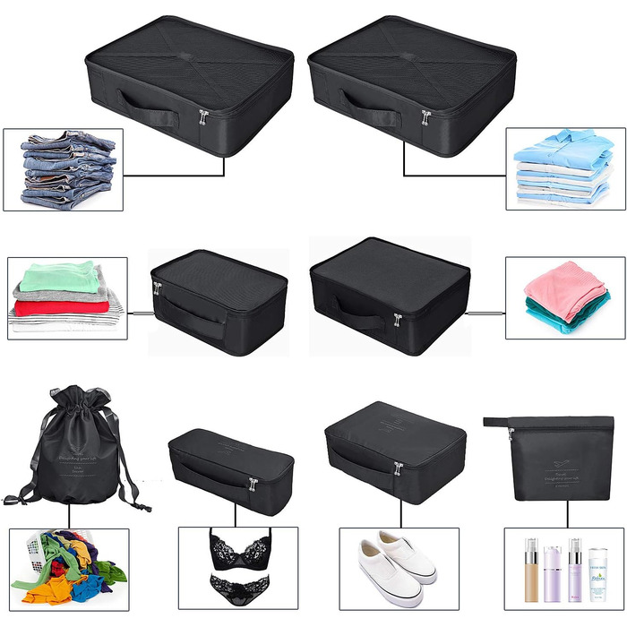 Органайзер для валізи: 8 комплектів/7 кольорів. Водонепроникмі сумки для взуття та компресійні мішки для подорожей (чорний)