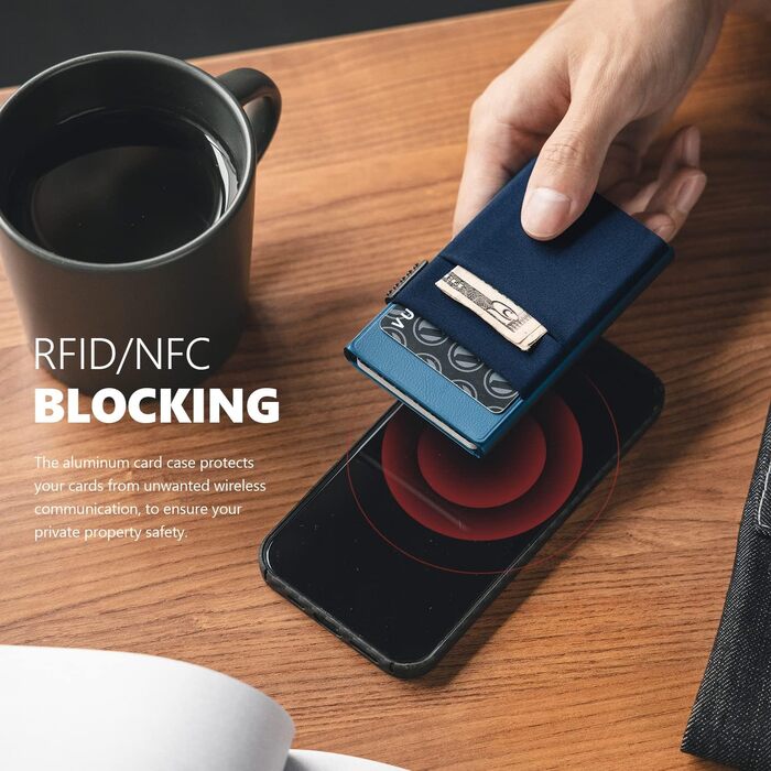 Стильний металевий гаманець для карток VULKIT з RFID-захистом, Pop-up механізмом, відділеннями EDC та вікном для ID, темно-синій
