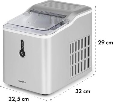 Машина для приготування льоду Klarstein Eiswürfelmaschine - 12 кг/24 год, 8 хв цикл, 1,5 л резервуар, LED-дисплеї, портативна, з прозорим кришкою, з лопаткою - для вечірок (срібна)
