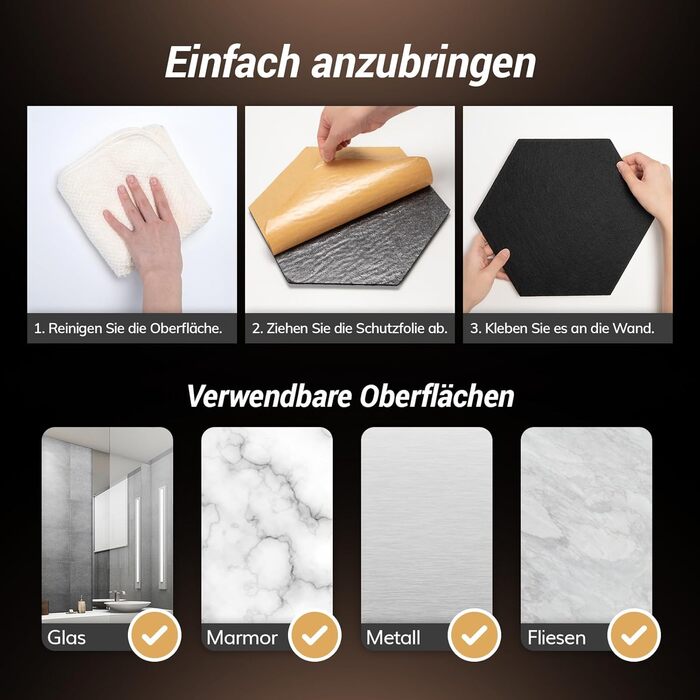 Акустичні гексагональні панелі TONOR самоклеючі, звукопоглинаючі шестикутні плитки для шумоізоляції стін (48 шт, чорні), 30x26x1 см для студії, офісу та геймерської зони