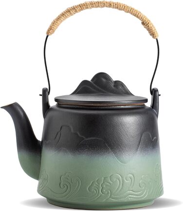 ZENS Design Japanese Teapot, 1000ml Gradient Embossed Japanese Teapot Ceramic with Built-in Strainer and Hemp Rope Handle for Loose Tea Steeper, Gift for Tea Lovers, Black & Bean Green