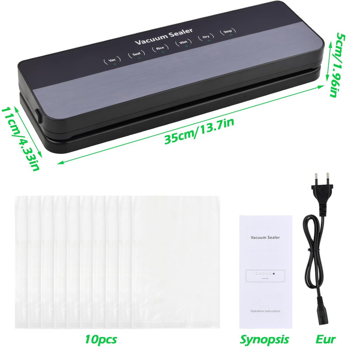 Вакуумний пакувальник Focenat 5-в-1, 65 KPA, для зберігання продуктів, з 10 пакетами, зварювальна швейна лінія 30 см