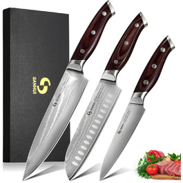 Набір кухонних ножів Sanhui Damast: 3 ножі з дамаської сталі з ручками з паккавуда. Професійний набір ножів у подарунковій коробці - ідеальний для професійних та аматорських кухарів.