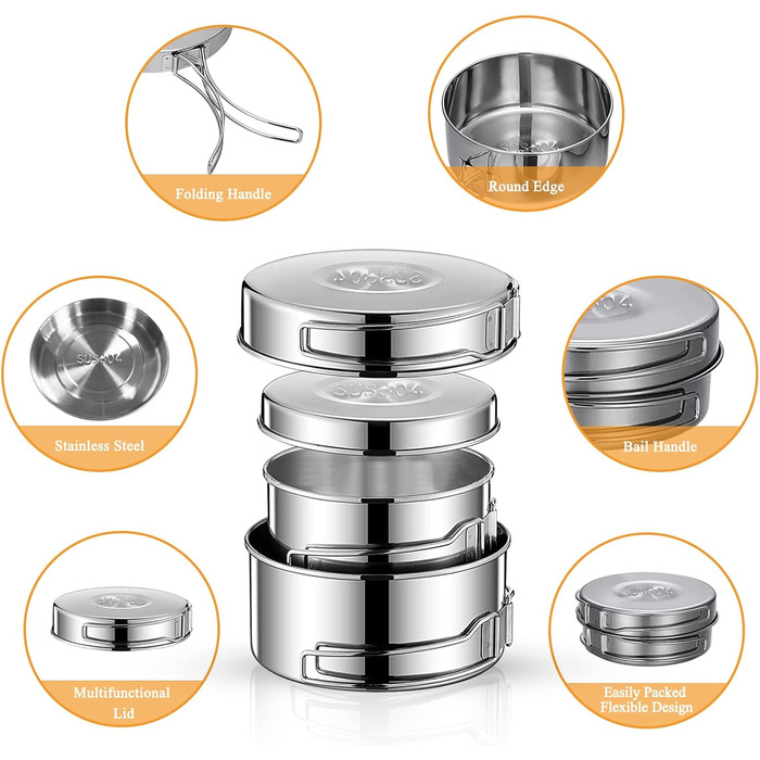 Набір кухонного посуду для кемпінгу на 2-3 особи з нержавіючої сталі: 7 предметів для пікніків, походів та кемпінгу