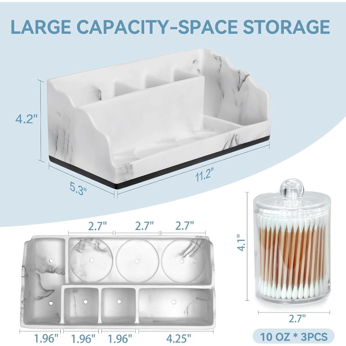 BHeadCat Marble Bathroom Organizer and Storage with 3 Qtip Holders and Drain, Toothbrush Holder for Bathroom, Countertop, Organizer, Cosmetic Organizer