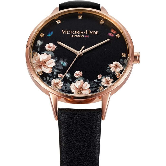 Жіночий наручний годинник VICTORIA HYDE Rosegold: аналоговий кварцовий годинник із шкіряним ремінцем та сталевим міш-браслетом, чорний з квітковим візерунком