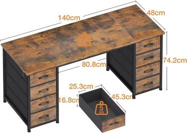 Комп'ютерний стіл Coleshome з 8 тканинними ящиками, 140x48 см, коричневий | Стіл для дому, офісу, навчання
