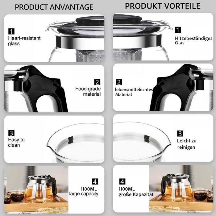 Чайник Lovegrace зі скла з ситечком – термостійкий, придатний для миття в посудомийній машині, фільтр з нержавіючої сталі, чайник зі ситом, скляний чайник, чайник для листового чаю та кави, прозорий (1100 мл)