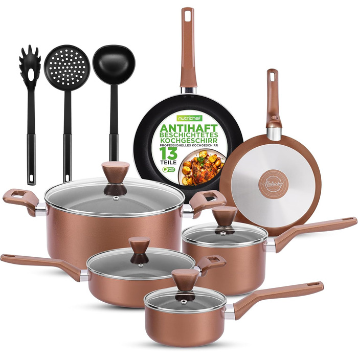 Набір посуду NutriChef 13 предметів: каструлі, сковороди, бринза, пательня, лопатки та інше (колір: коричневий)