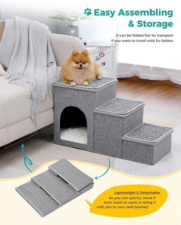 PETEPELA Folding Dog Stairs, 3 Steps, Pet Stairs for Small Dogs with Storage Space, 3 Steps to Couch