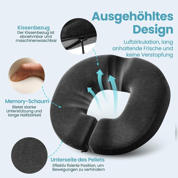 Ортопедична подушка для сидіння Benazcap Donut, для офісних крісел, авто та інвалідних візків – подушка з ергономічної піни з пам'яті ефекту для геморою, ішіасу, вагітності та після пологів, чорна