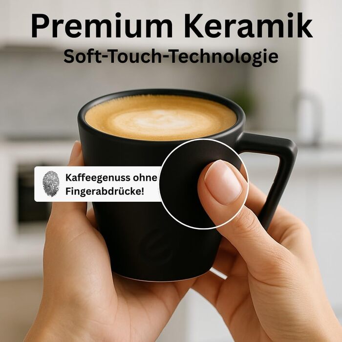 GustoCup® Преміум набір кавових чашок 6 шт. - великі чашки 360 мл, стійкі до подряпин, мийки та мікрохвильовки - чорні матові чашки для капучино, чаю, матча - керамічний набір чашок 6 шт.