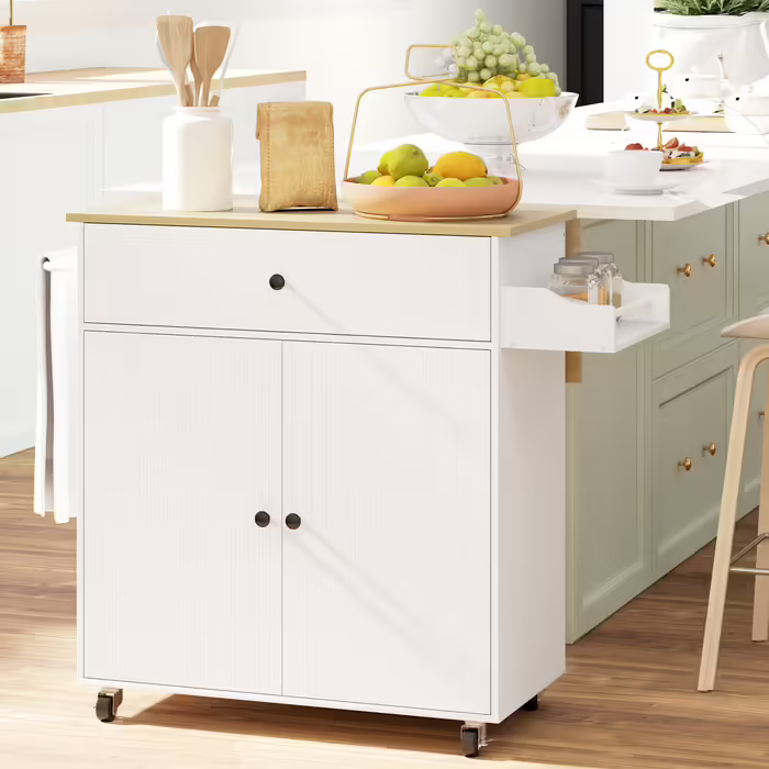 HOMCOM Kitchen Island Rolling Cart with Folding Worktop, Drawer, Kitchen Cabinet on Wheels with Shelf, Towel Rail, Spice Rack, Serving Cart White | Aosom