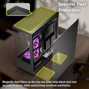 Корпус ПК KEDIERS G800-B50F з 5 вентиляторами PWM ARGB, Mid-Tower, чорний, з панеллю з загартованого скла