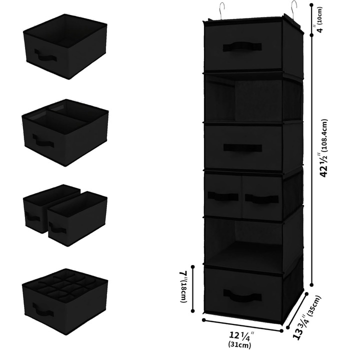 Органайзер для шафи GRANNY SAYS, підвісний, з шухлядами, 1 шт. – підвісне зберігання, полки, тканинний органайзер для спальні (чорний)
