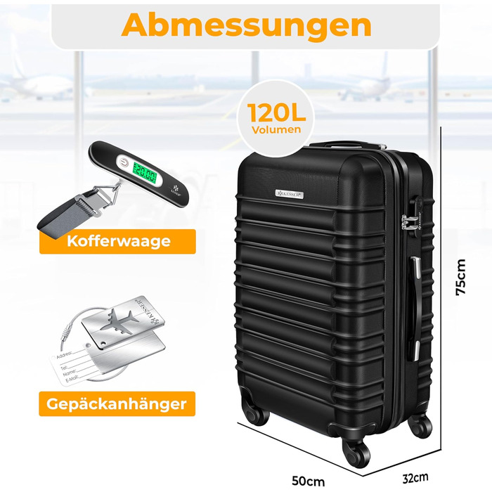 Чемодан KESSER® середній, жорсткий, з вагами та білгетом | Валіза-роллік з кодовим замком, 4 колеса, ABS, телескопічна ручка (66x45x28 см, 84 л) (75-120 л, чорний)