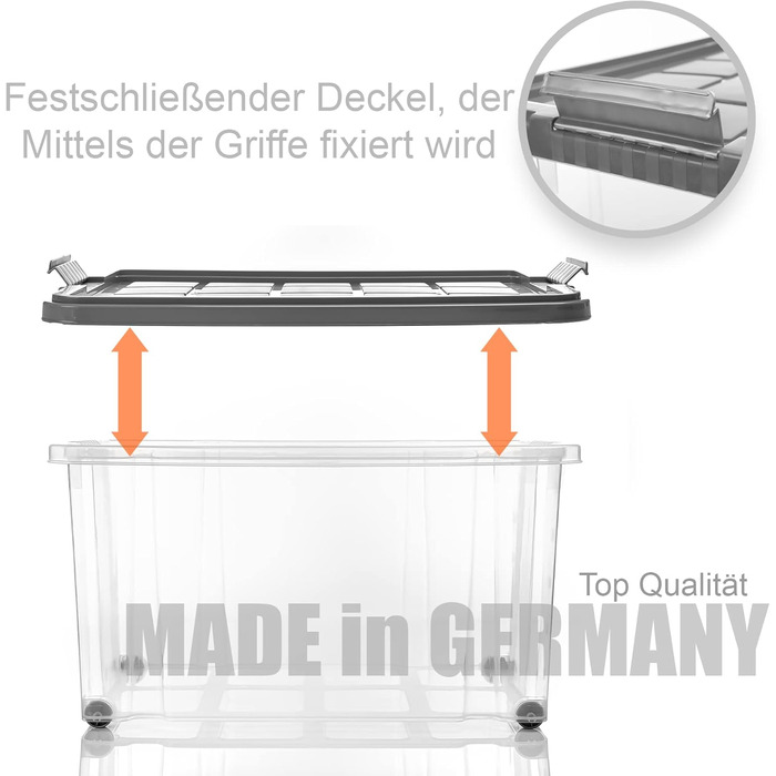 BigDean 4-Piece 60L Storage Box with Lid, Large Steel Grey - Stackable, Robust Box, BPA-Free - Rollable Storage Box with Secure Click Closures - Made in Germany