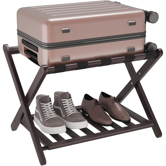 Fully assembled white luggage rack, upgraded bamboo, foldable suitcase stand with 5 nylon straps, luggage holder with shelf for guest rooms, hotel (white luggage rack, 1 piece) (Brown, 1 piece)