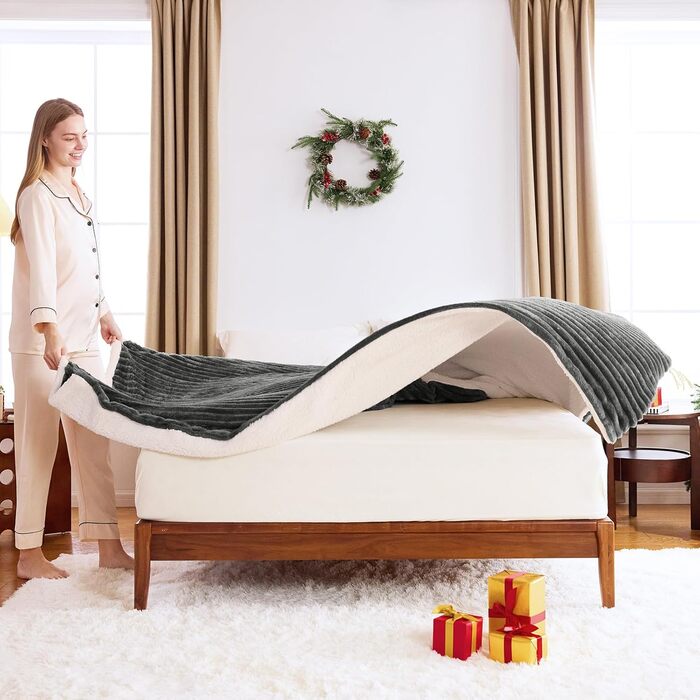 Плед WAVVE Sherpa з штучного хутра, сірий - теплий, м'який, великий (150x200 см)