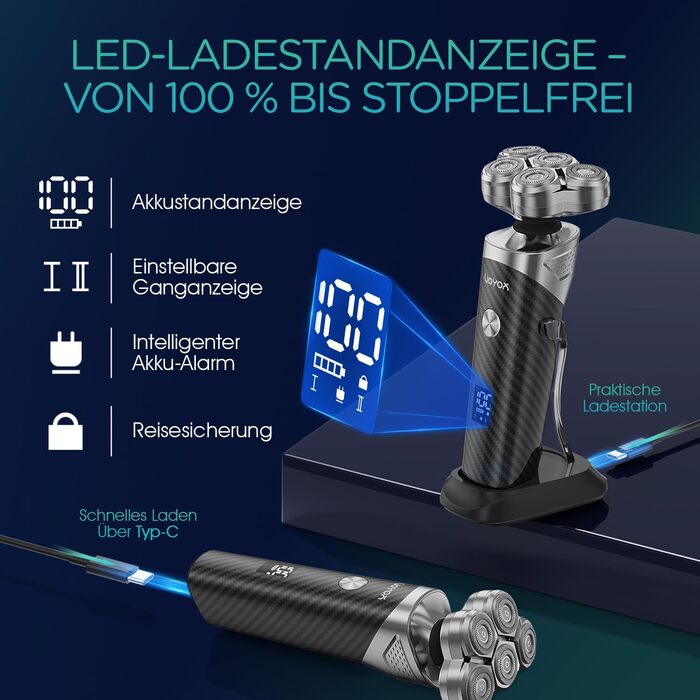 Електричний гоління для чоловіків VOYOR TX500: 5D, мокрий/сухий, бездротовий, LED дисплей, 150 хв роботи (чорний)