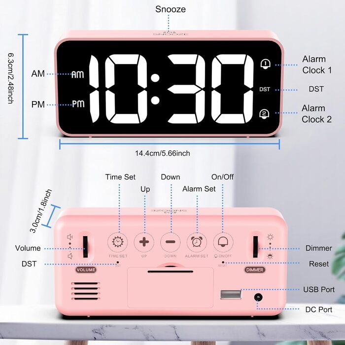 LED-годинник LATEC з двома будильниками, USB-порт для зарядки, регулювання яскравості, гучність 90-120 дБ, 8 мелодій, 12/24 год, мережевий (рожевий)