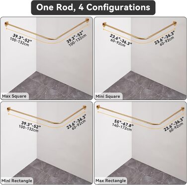 Штанга для душу L-подібна, регульована, з кріпленням для завіси та підпоркою для ванни/ванної кімнати, 12 кілець, монтаж болтами (Золото, 60-130см x 60-130см)