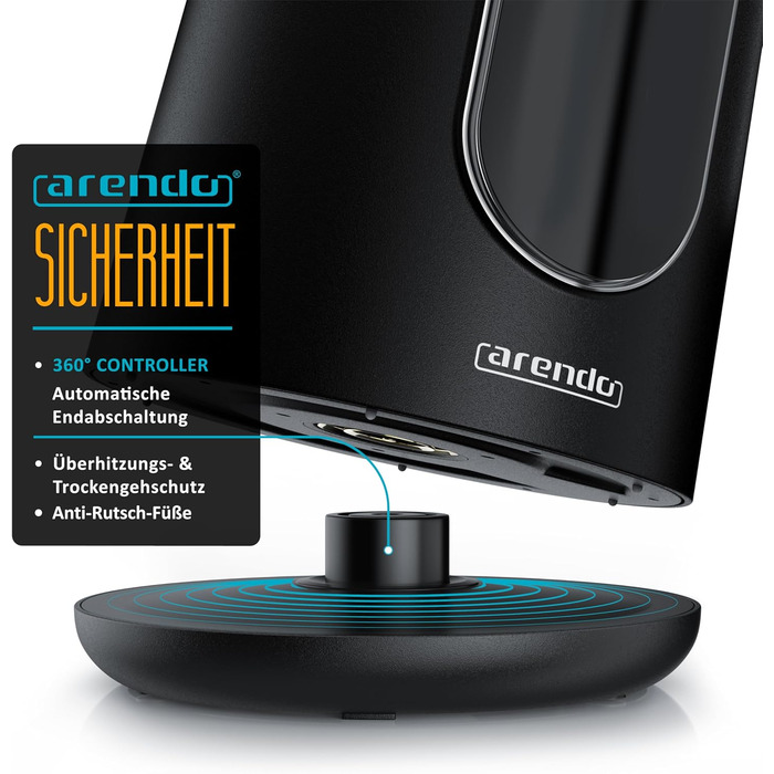 Електричний чайник Arendo з регулюванням температури, нержавіюча сталь, подвійні стінки Cool Touch, дисплей, бездротовий, 2200 Вт, 1,7 л, захист від перегріву, функція підтримання тепла, чорний