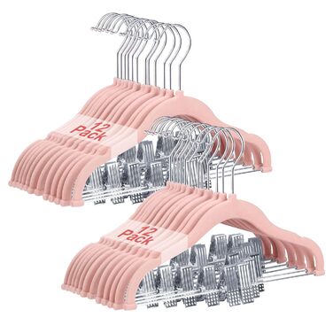 24 шт. велюрові дитячі вішалки для одягу з кліпсами, рожеві - стандартний гачок