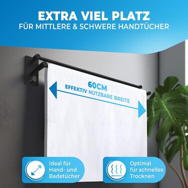 Тримач для рушників без свердління, нержавіюча сталь, чорний - для ванної кімнати, кухні, душової кабіни (60 см) з 2 гачками