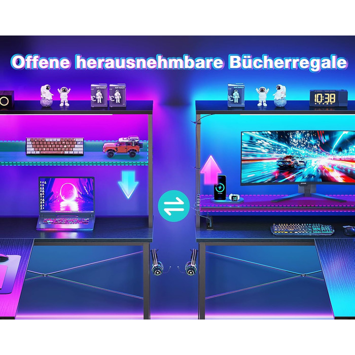Ігровий стіл Coleshome L-подібної форми з LED-підсвічуванням та розетками, 135 × 100 см. Реверсивний кутовий стіл з полицями для зберігання, з кишенькою для аксесуарів. Чорний колір. Підходить для home office та геймінгу.