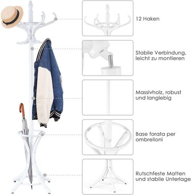 GIANTEX Coat Rack with Umbrella Stand, Clothes Rack Wood with 12 Clothes Hooks, Wooden Coat Tree Freestanding, Standing Coat Rack for Entryway Living Room (white)