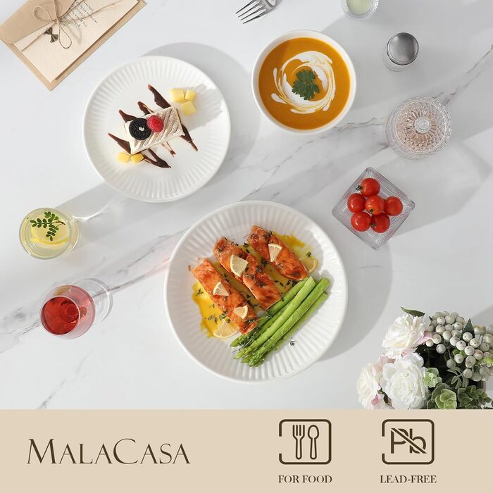 Набір посуду Malacasa Leila для 6 осіб, 24-елементний сервіз з порцеляни з ручним рельєфним дизайном, білий. Підходить для мікрохвильової печі та мийки посуду.