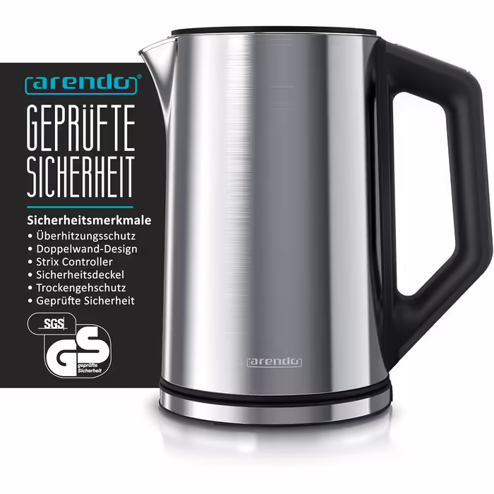 Arendo - Stainless Steel Kettle with Temperature Setting 40-100 Degrees in 5-Degree Increments - Double-Walled Design - Model ELEGANT - 1.5 Liter - 2200 W - Tea Kettle with Temperature Display - GS - Black (C: Silver)