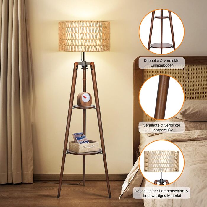 LED торшер Outon з трьома ніжками, регульована яскравість, полиця, пульт дистанційного керування, 4 режими кольору, таймер, 2 плафона, для вітальні/спальні (волоський горіх)