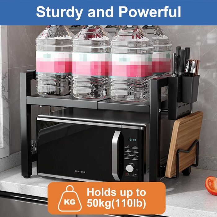 Полиця для мікрохвильової печі розширювана з 6 гачками та дощечкою для нарізання. Органайзер для кухні, 2-рівнева полиця