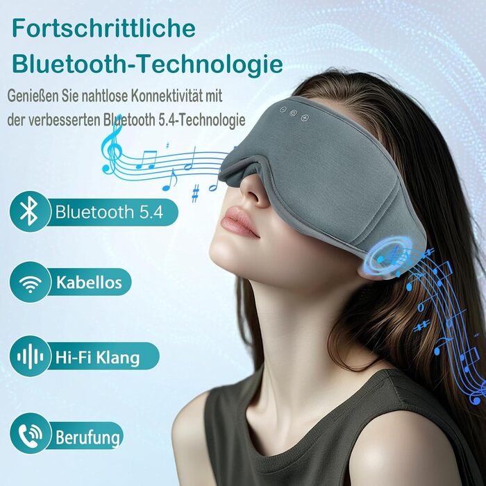 Маска для сну MUSICOZY з навушниками | 3D маска для сну з Bluetooth 5.4, 100% затемнення, з біо-бамбукової бавовни, для подорожей, сіра