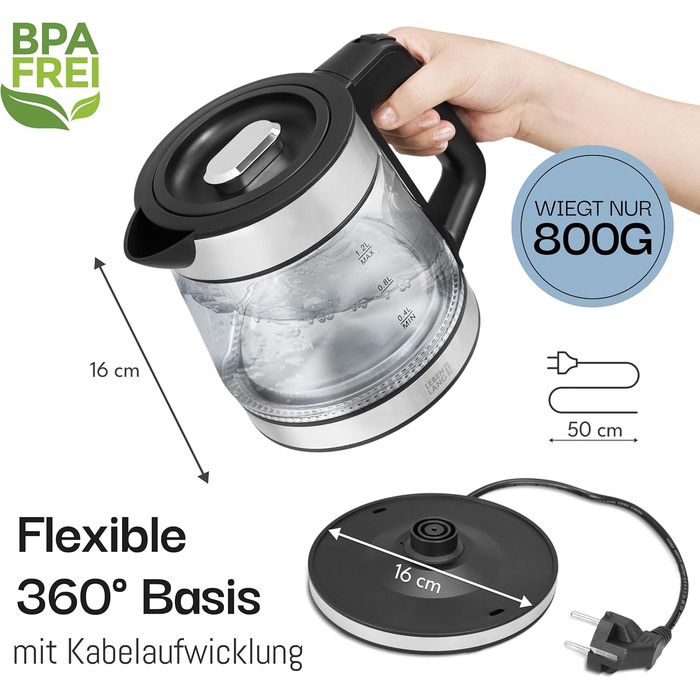 Скляний чайник LEBENLANG 1,2 л з LED-підсвічуванням - нержавіюча сталь, BPA-Free | Чайник для подорожей, кемпінгу