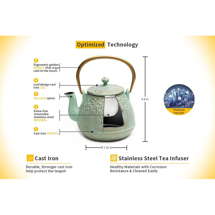 Чайник для плити преміум-класу, чавунний, з ситечкою для листового чаю, 1,5 л, зелений