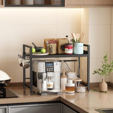 Регульована підставка для мікрохвильової печі NETEL 2-ярусна, кухонна полиця над мікрохвильовою печчю, полиця для робочої поверхні, висувна 40-60 см, з тримачем для напоїв та кошиком, чорний