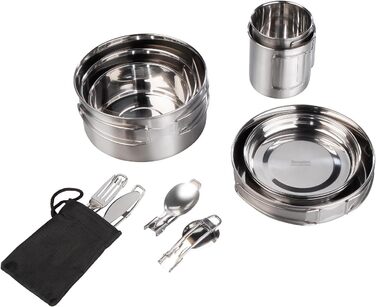 Набір для кемпінгу Semptec Urban Survival Technology: 12-ти частинний набір посуду з нержавіючої сталі з посудом, столовими приборами та сумкою (каструлі, набір посуду, газовий набір для кемпінгу)