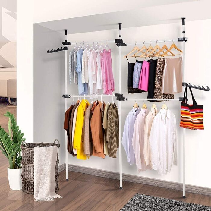 Telescopic Wardrobe System, Clothes Rail System, Shelf System, Clothes Rack with 3 Rails, 4 Crossbars and 2 Wide Hooks for Home and Retail Clothing Stores, 153-272x281-329cm