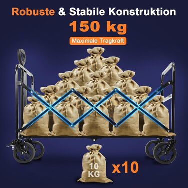 Візок складний Bollerwagen 150л, вантажопідйомність 150 кг, регульована ручка, позашляхові колеса для кемпінгу, саду, відпочинку 94x43x42 см