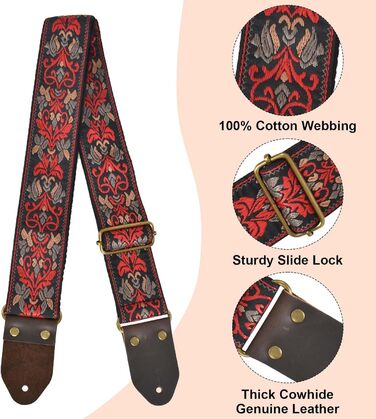 Гітарний ремінь з бавовни для акустичної гітари, 2 шт. Вишитий гітарний ремінь для бас-, електро- та акустичних гітар, безкоштовна пряжка, замок для ременя та медіатор, ретро-червона квітка