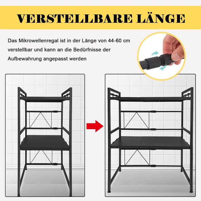 Expandable Microwave Shelf with 8 Hooks, 3-Tier Microwave Stand Freestanding Shelf Microwave Holder Baker's Rack Organizer for Kitchen Countertops, Black