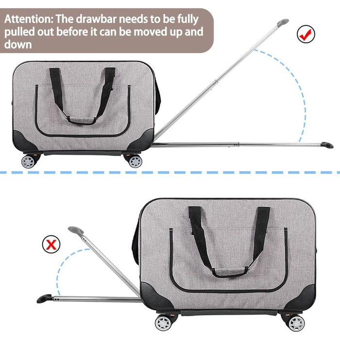 Переносний переноска для тварин з телескопічною ручкою, сіра. Ідеально для собак та котів, з колесами.