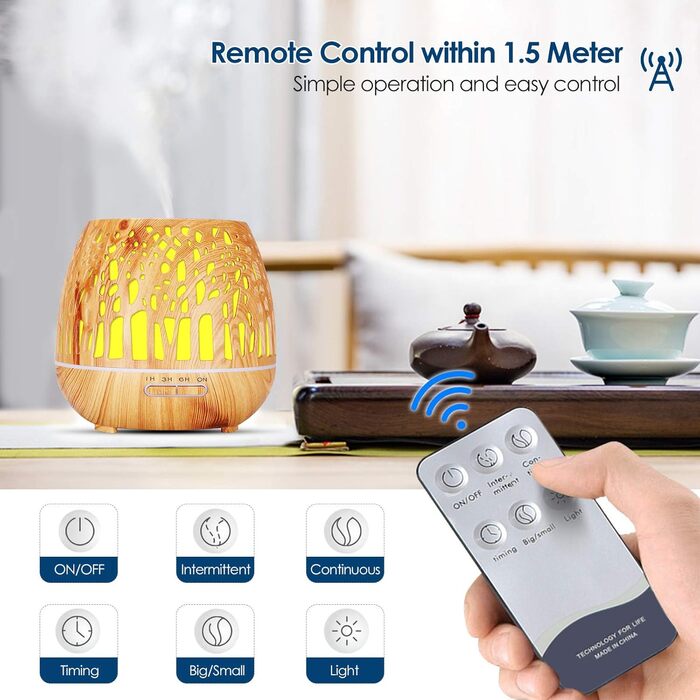 Дифузор Aroma Simpeak 400 мл, ультразвуковий аромадифузор з дерева для ефірних олій, зволожувач повітря з пультом дистанційного керування - дерев'яна різьба, світло-коричневий, легке дерево